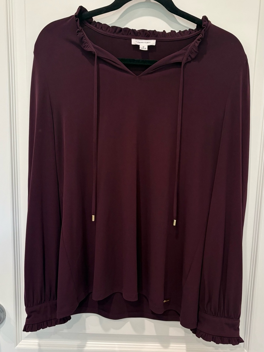 Calvin Klein Burgundy Ruffle Tie-Neck Long Sleeve Blouse Size M EUC